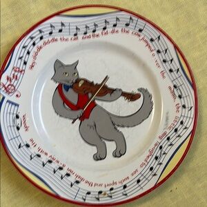 Tiffany kids plate. Rare. Whimsical Gray and Red Cat
